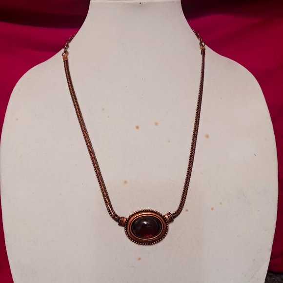 Hand Crafted Jewelry - Hand Crafted Vintage Copper Chain and Amber Brown Cabochon Necklace